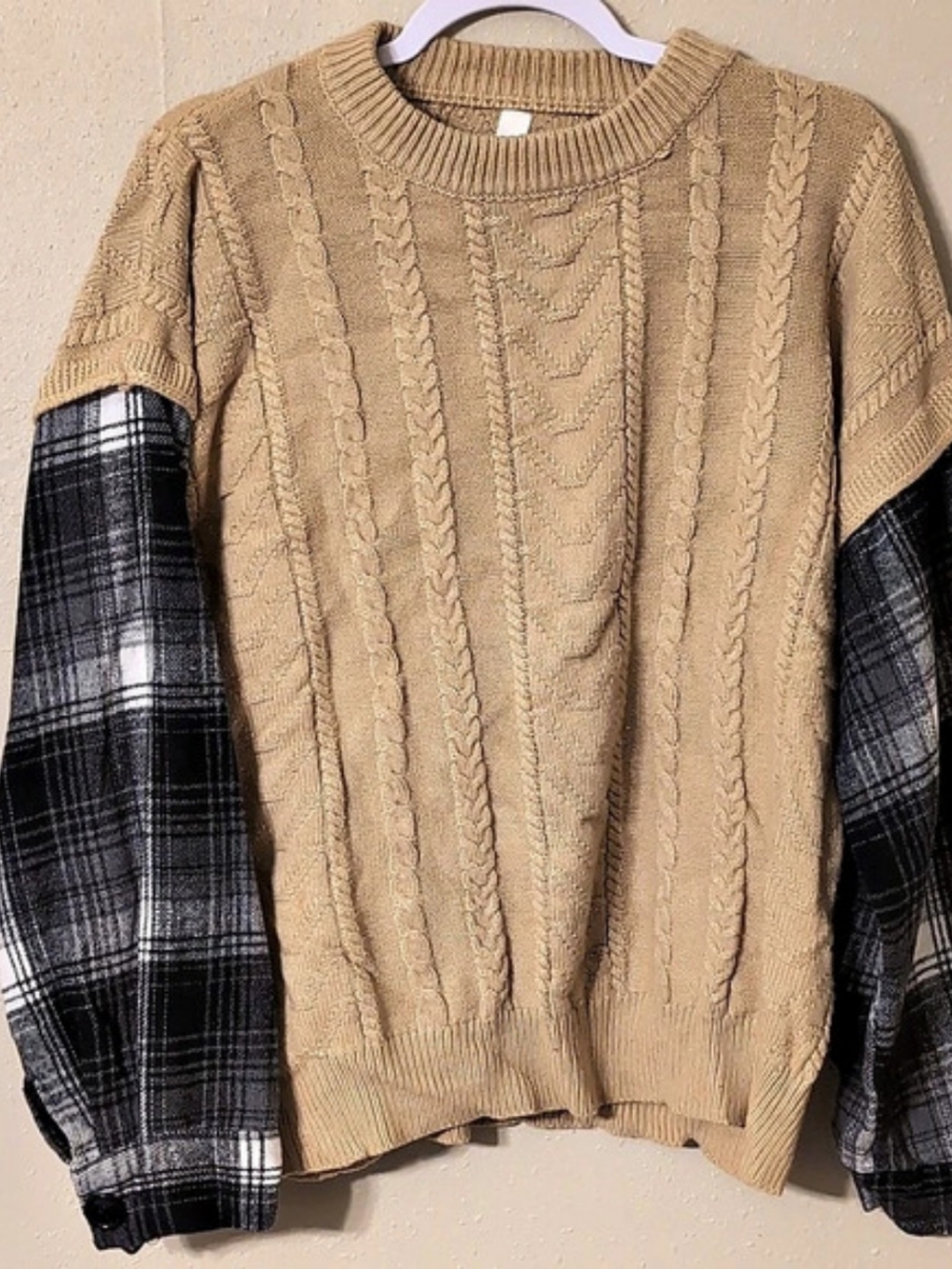 YWFG Cable Knit Plaid Sleeve Crewneck Sweater